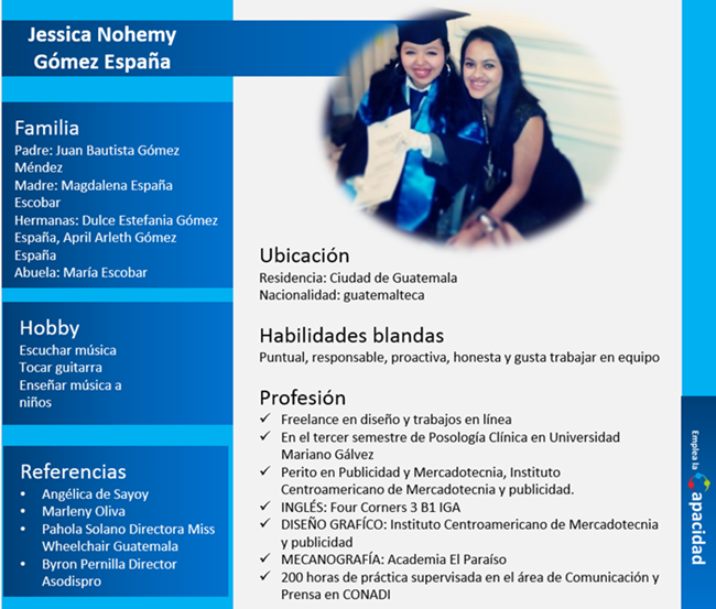 Datos familiares y profesionales de Jessica acompañados de una fotografía de su graduación 