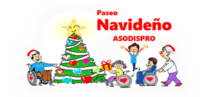 Caricatura de voluntarios y personas en silla de ruedas al rededor de un árbol navideño 