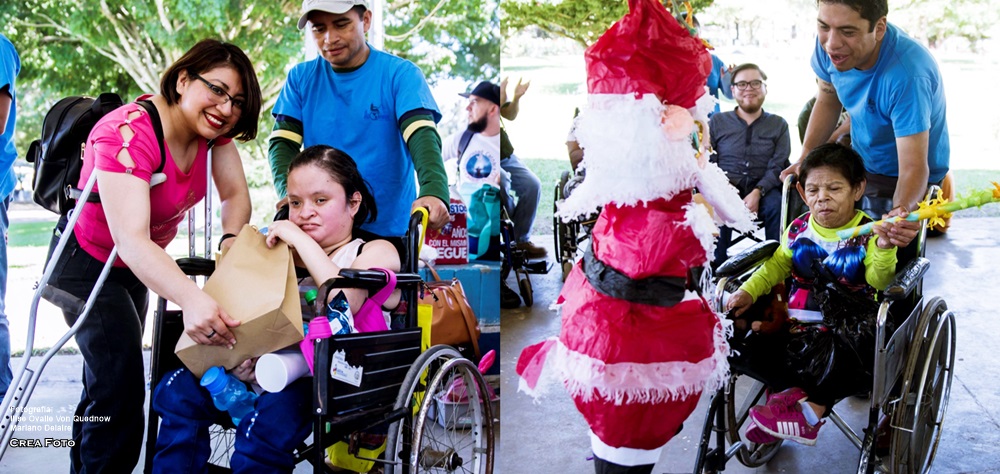 2 fotografías, en una Gaby en su silla de ruedas recibe un regalo de manos de Diana Quisque. En la otra, Dorita en su silla de ruedas golpea una piñata con la ayuda de un voluntario.