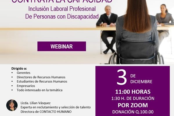 Gráfico de publicidad sobre evento virtual de inclusión laboral dirigido a personal de Recursos Humanos.