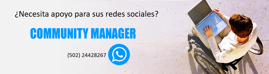 Una persona en silla de ruedas trabaja en su computadora, se lee ¿necesita ayuda para sus redes sociales? WhastApp 41879273 Teléfono (502) 24428267 